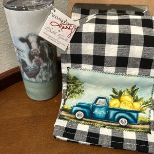 Coffee tumbler with farm animals! Lemon and truck kitchen towel.